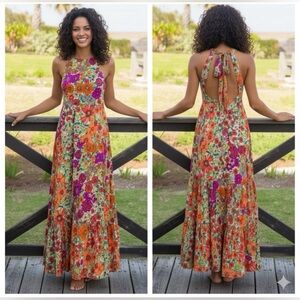 NATURAL LIFE Floral Halle Halter Maxi Dress in Orange, Pink, Green - NWT!